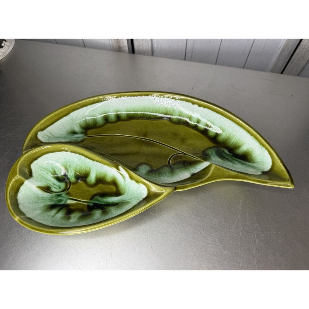 VTG MCM Santa Anita Green Drip Glaze Ceramic Leaf Divided Serving Dish